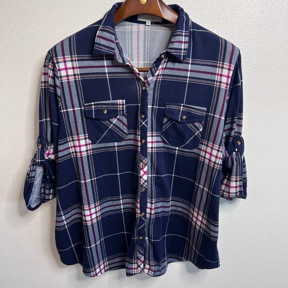 Eden & Olivia Tops - Eden & Olivia Plaid Button Down Soft Flannel Shirt with Tab Sleeve - Size 3X